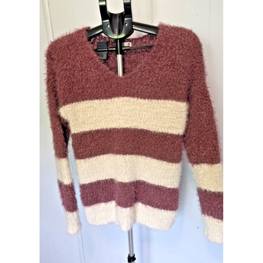 So Fluffy Furry Dark Pink White Sweater Size Medium M